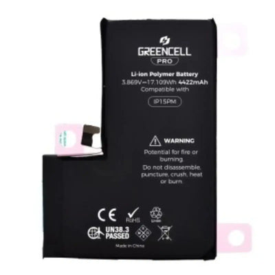 Greencell PRO Series- iPhone 15 Pro Max Replacement Battery with Adhesive Strips 4422mAh TI chip -27546-A3 IC & Original Cell GREENCELL