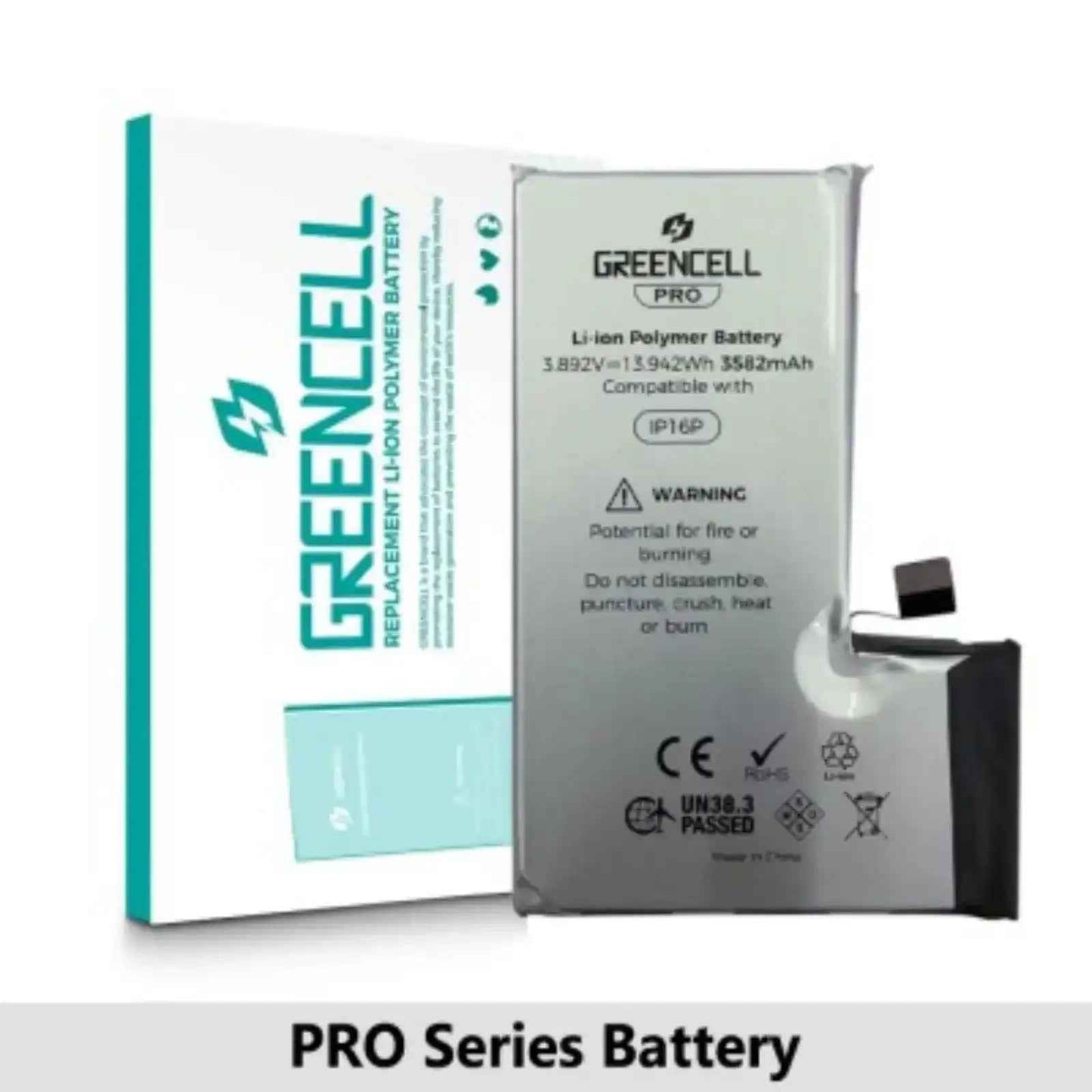 Greencell PRO series-iPhone 16 Pro Replacement Battery with Adhesive Strips 3582mAh (TI chip -27546-A3 IC & Original Cell)