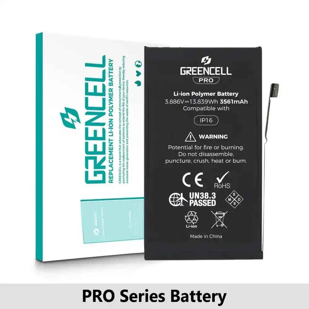 Greencell PRO series-iPhone 16 Replacement Battery with Adhesive Strips 3651mAh (TI chip -27546-A3 IC & Original Cell)