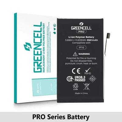 Greencell PRO series-iPhone 16 Replacement Battery with Adhesive Strips 3651mAh (TI chip -27546-A3 IC & Original Cell) GREENCELL