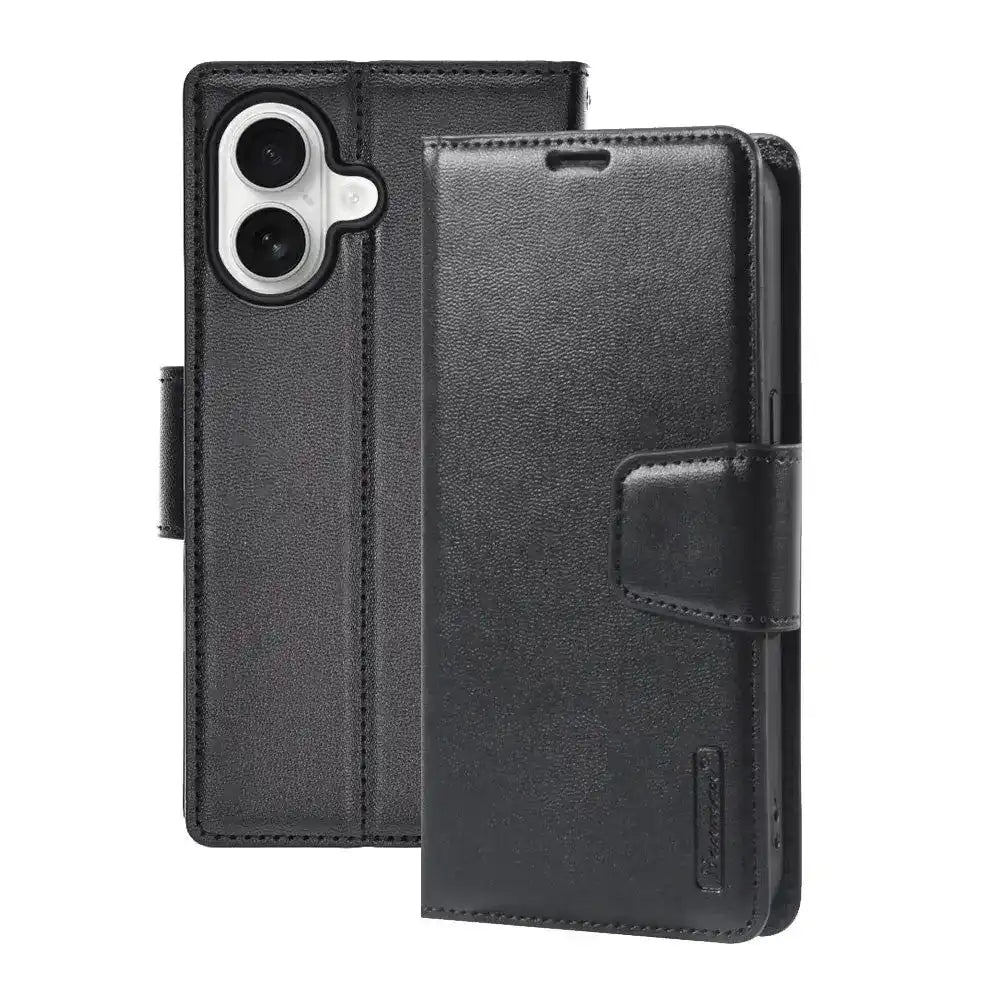 Hanman PU Flip Leather Wallet Cover Case for iPhone 16-Black Hanman
