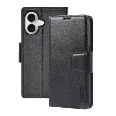 Hanman PU Flip Leather Wallet Cover Case for iPhone 16 Plus-Black Hanman