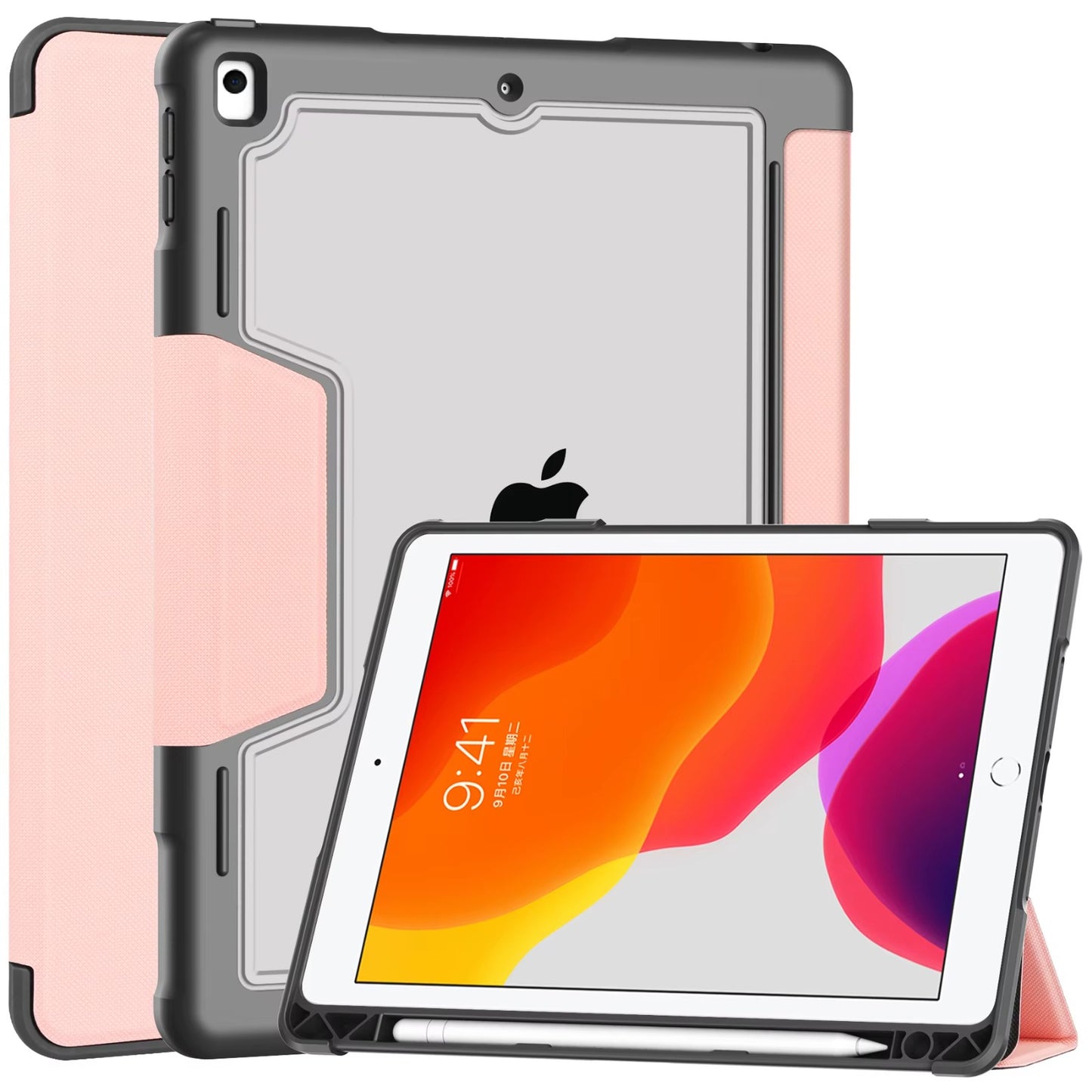 Shockproof Smart Trifold Case for iPad 10.2 inch (9th/8th/7th Gen) with Pencil Holder – Clear Back Cover, Auto Sleep/Wake