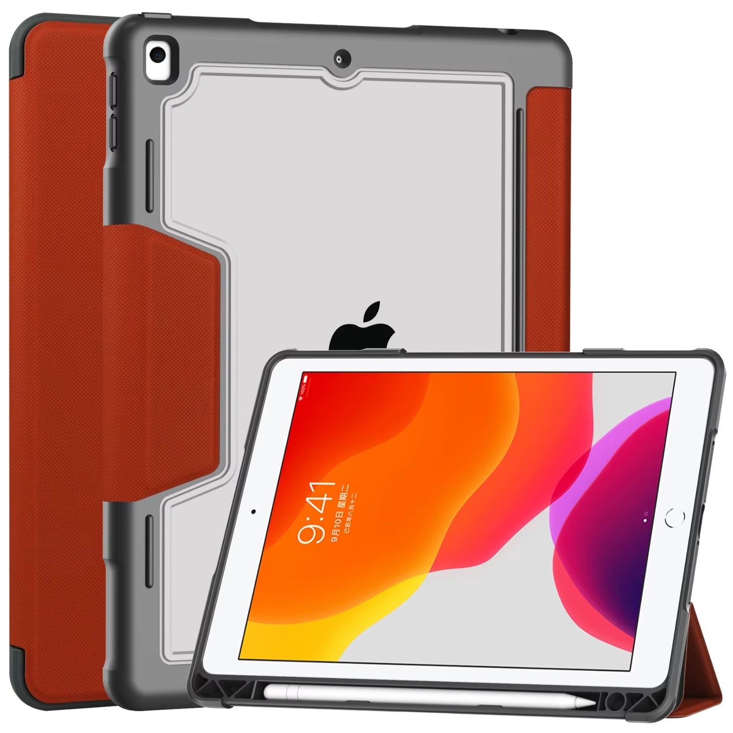 Shockproof Smart Trifold Case for iPad Air13 (iP 12.9) 2020/2022 with Pencil Holder – Clear Back Cover, Auto Sleep/Wake