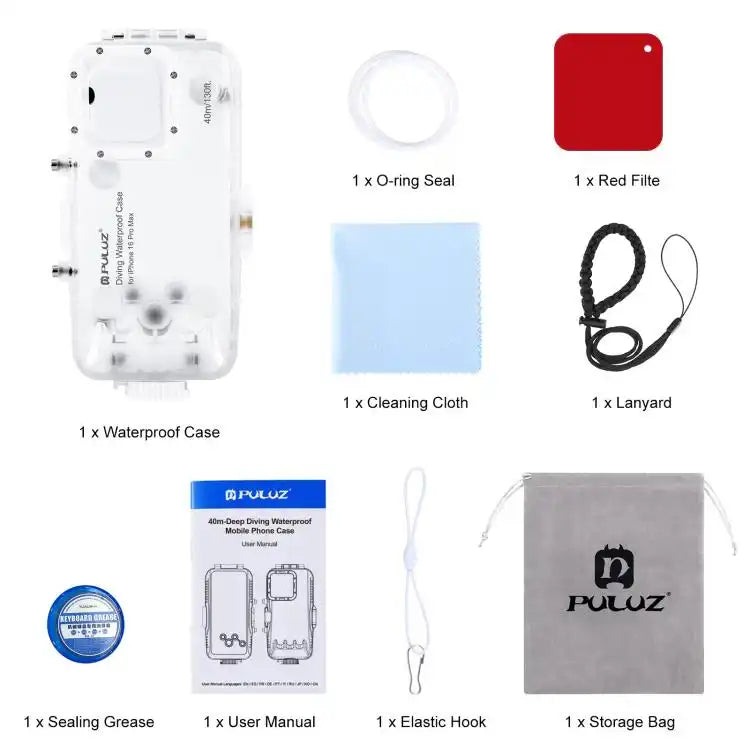 For iPhone 16 Pro Max PULUZ 40m/130ft Waterproof Diving Case with One-way Valve Photo Video Taking Underwater Housing Cover