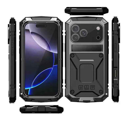 R-JUST Metal + Silicone + Tempered Glass Life Waterproof Phone Case with Holder