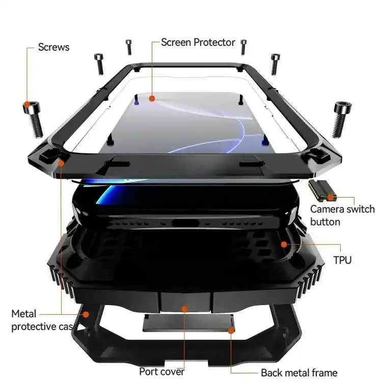 R-JUST Metal + Silicone + Tempered Glass Life Waterproof Phone Case with Holder