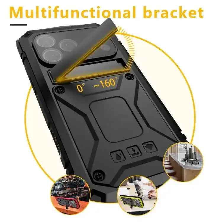 R-JUST Metal + Silicone + Tempered Glass Life Waterproof Phone Case with Holder