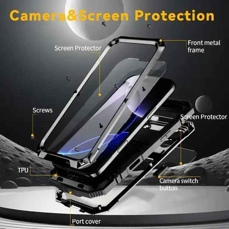R-JUST Metal + Silicone + Tempered Glass Life Waterproof Phone Case with Holder