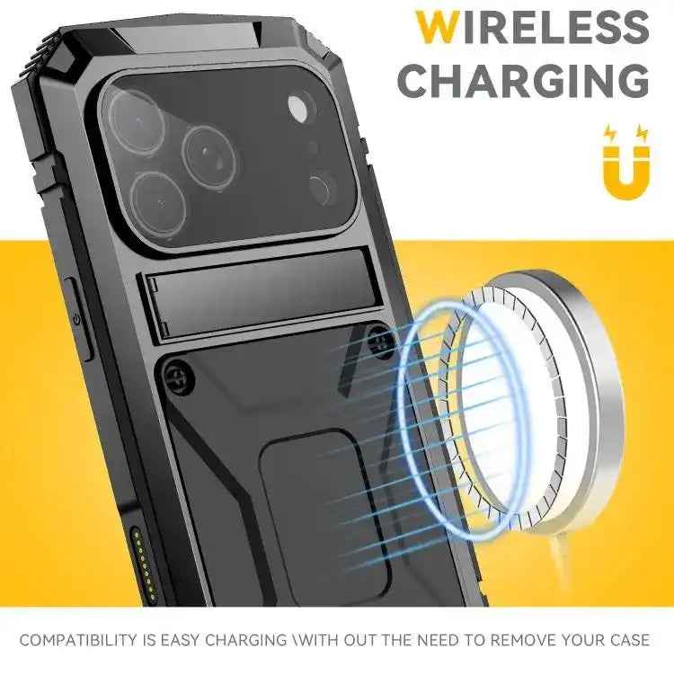 R-JUST Metal + Silicone + Tempered Glass Life Waterproof Phone Case with Holder