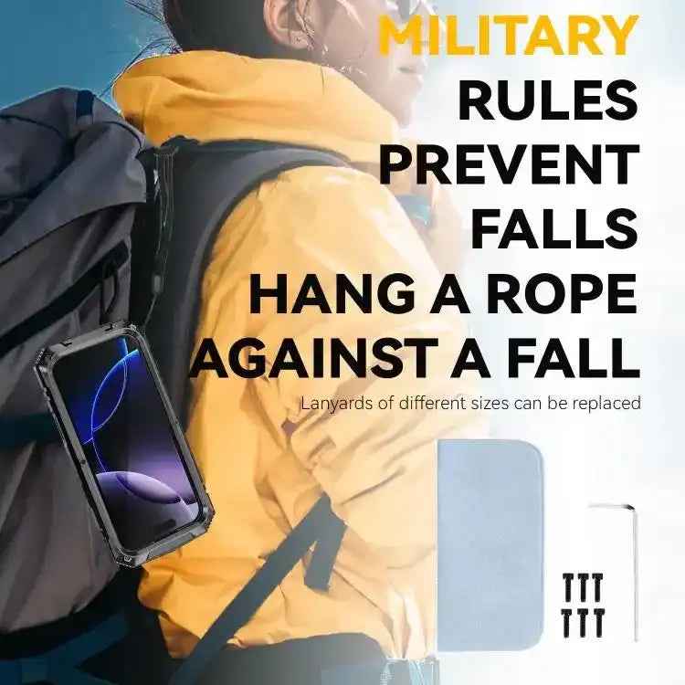 R-JUST Metal + Silicone + Tempered Glass Life Waterproof Phone Case with Holder