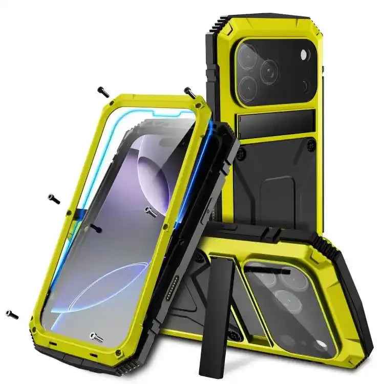 R-JUST Metal + Silicone + Tempered Glass Life Waterproof Phone Case with Holder