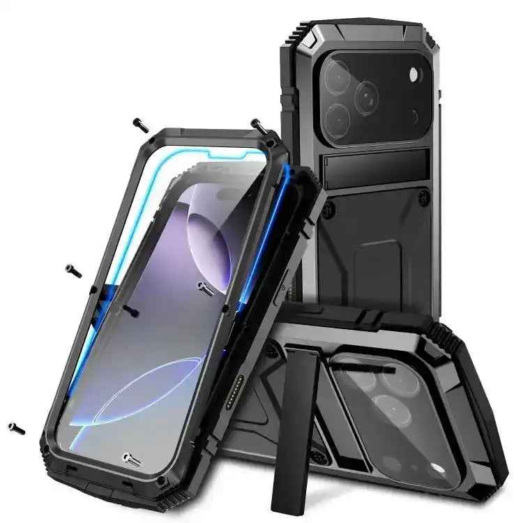 R-JUST Metal + Silicone + Tempered Glass Life Waterproof Phone Case with Holder
