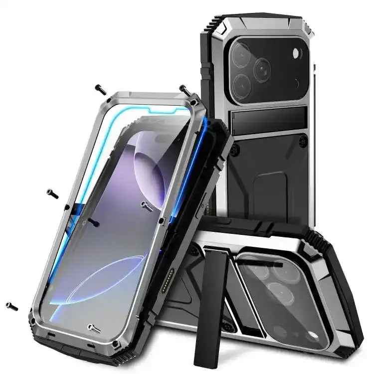 R-JUST Metal + Silicone + Tempered Glass Life Waterproof Phone Case with Holder