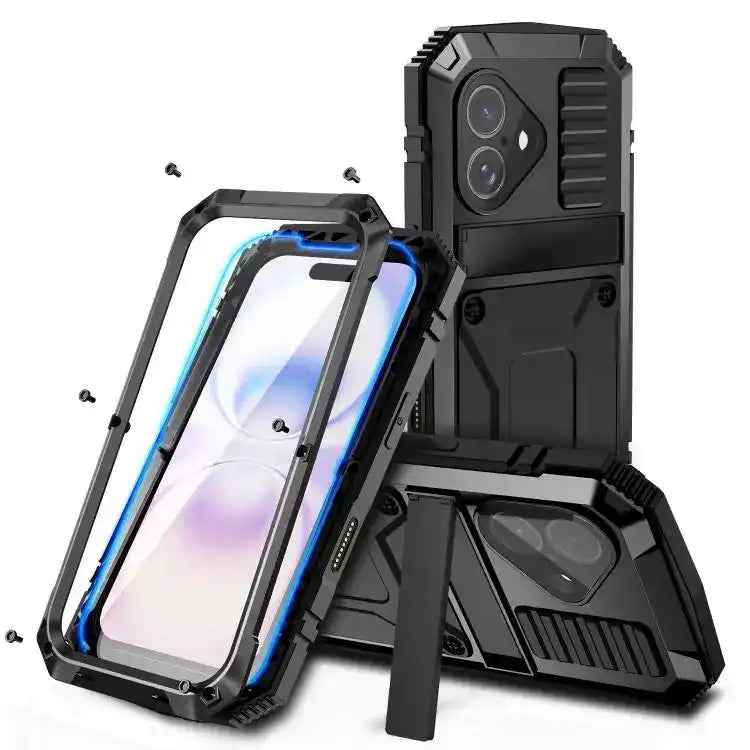 R-JUST Metal + Silicone + Tempered Glass Life Waterproof Phone Case with Holder