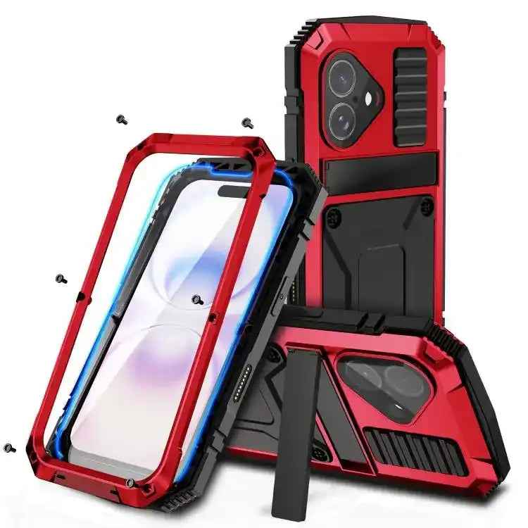 R-JUST Metal + Silicone + Tempered Glass Life Waterproof Phone Case with Holder