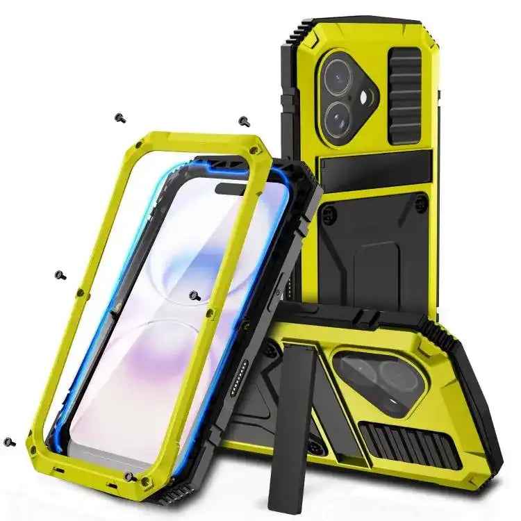 R-JUST Metal + Silicone + Tempered Glass Life Waterproof Phone Case with Holder