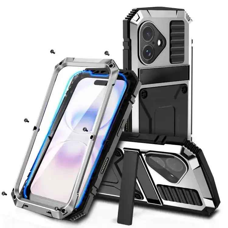 R-JUST Metal + Silicone + Tempered Glass Life Waterproof Phone Case with Holder