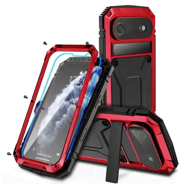 R-JUST Metal + Silicone + Tempered Glass Life Waterproof Phone Case with Holder