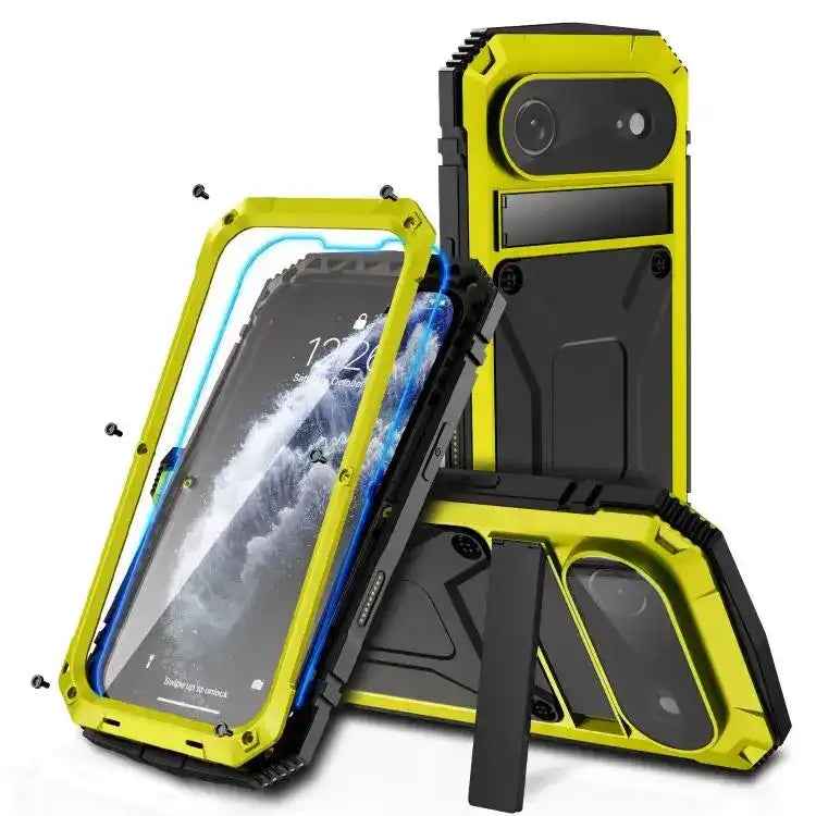R-JUST Metal + Silicone + Tempered Glass Life Waterproof Phone Case with Holder