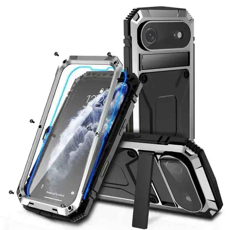 R-JUST Metal + Silicone + Tempered Glass Life Waterproof Phone Case with Holder