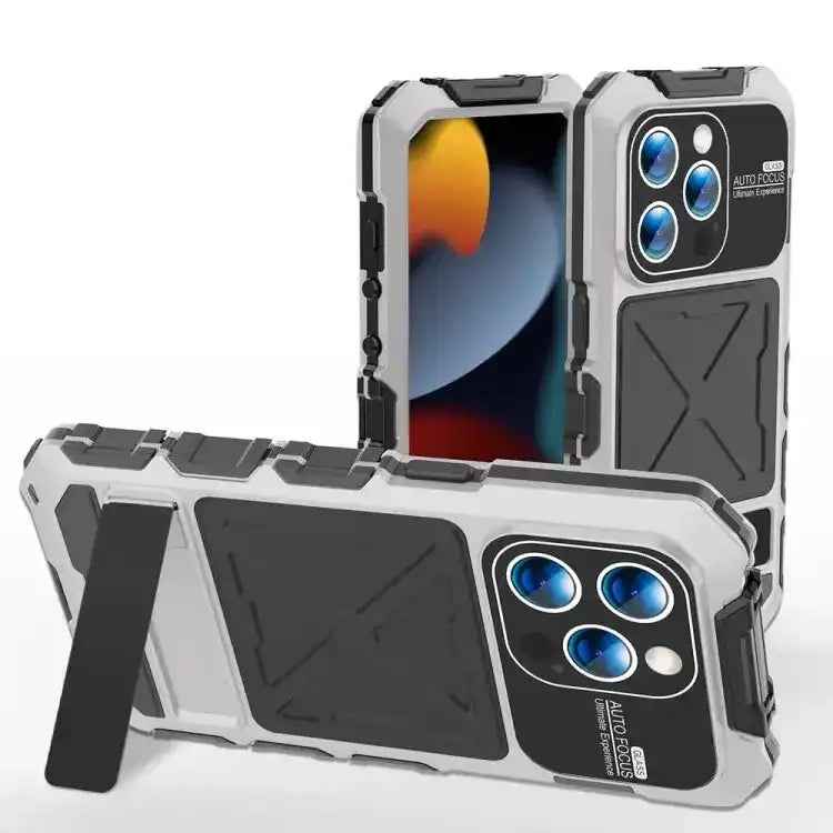 R-JUST Metal + Silicone + Tempered Glass Life Waterproof Phone Case with Holder