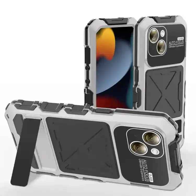 R-JUST Metal + Silicone + Tempered Glass Life Waterproof Phone Case with Holder
