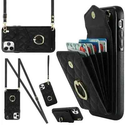 Rhombic Texture Card Bag Phone Case with Long Lanyard