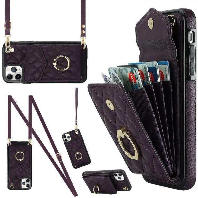 Rhombic Texture Card Bag Phone Case with Long Lanyard MyMobile
