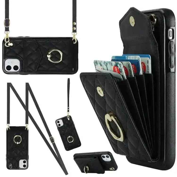 Rhombic Texture Card Bag Phone Case with Long Lanyard