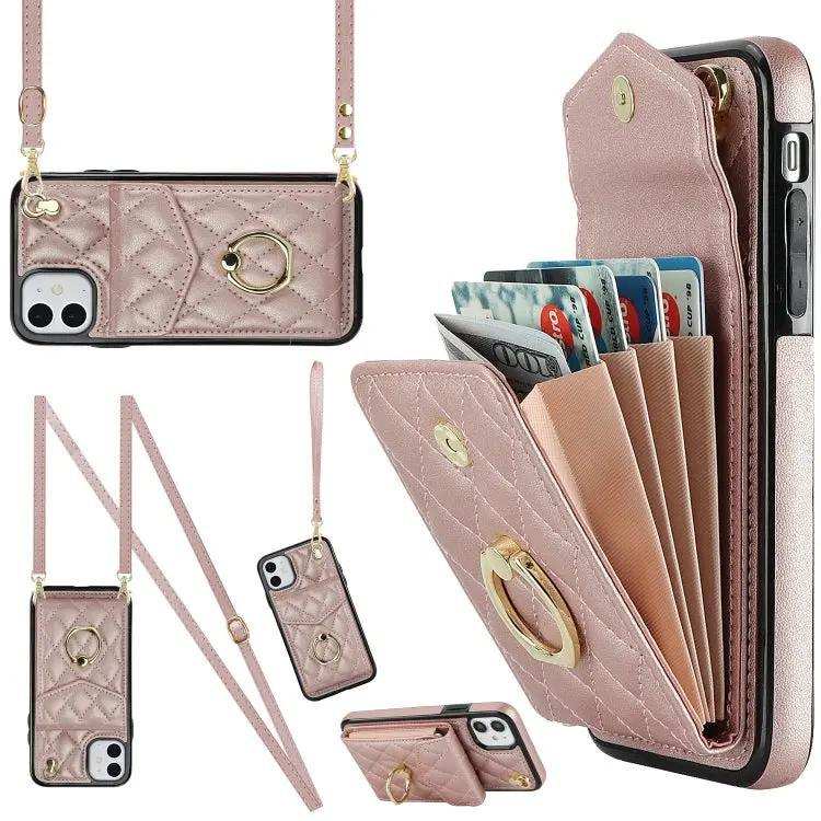 Rhombic Texture Card Bag Phone Case with Long Lanyard MyMobile