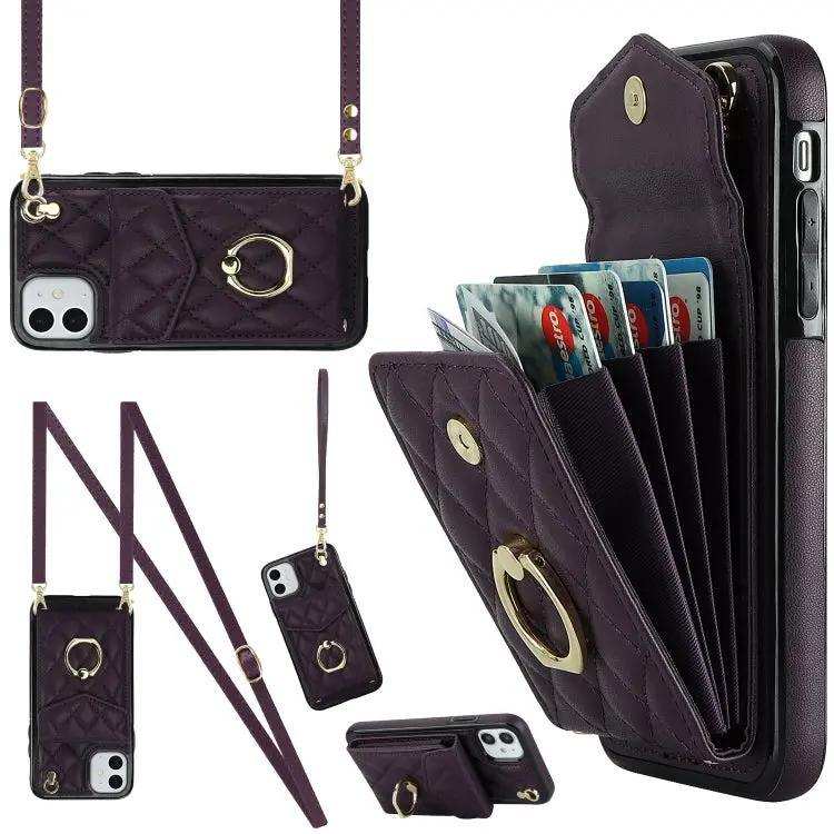 Rhombic Texture Card Bag Phone Case with Long Lanyard MyMobile