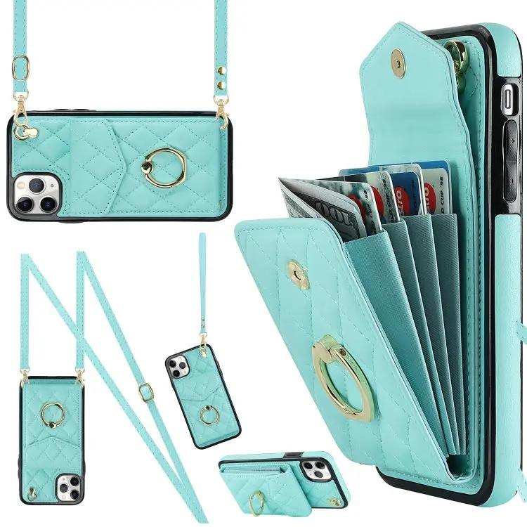 Rhombic Texture Card Bag Phone Case with Long Lanyard MyMobile