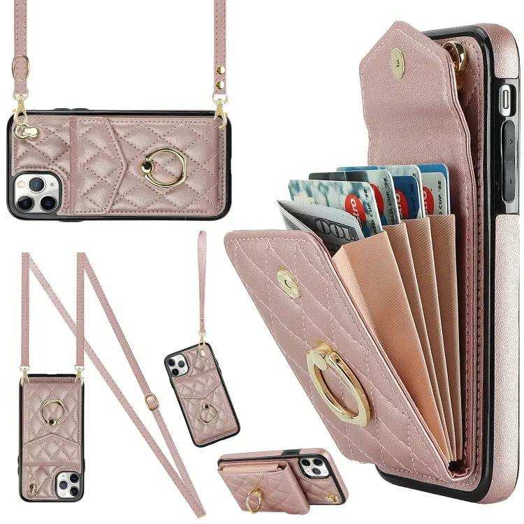 Rhombic Texture Card Bag Phone Case with Long Lanyard MyMobile