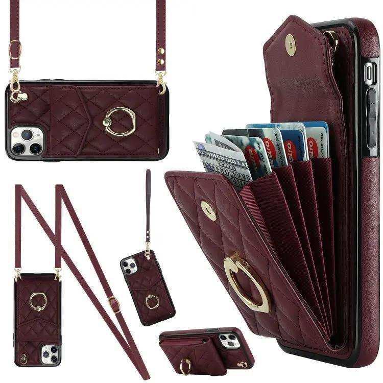 Rhombic Texture Card Bag Phone Case with Long Lanyard MyMobile