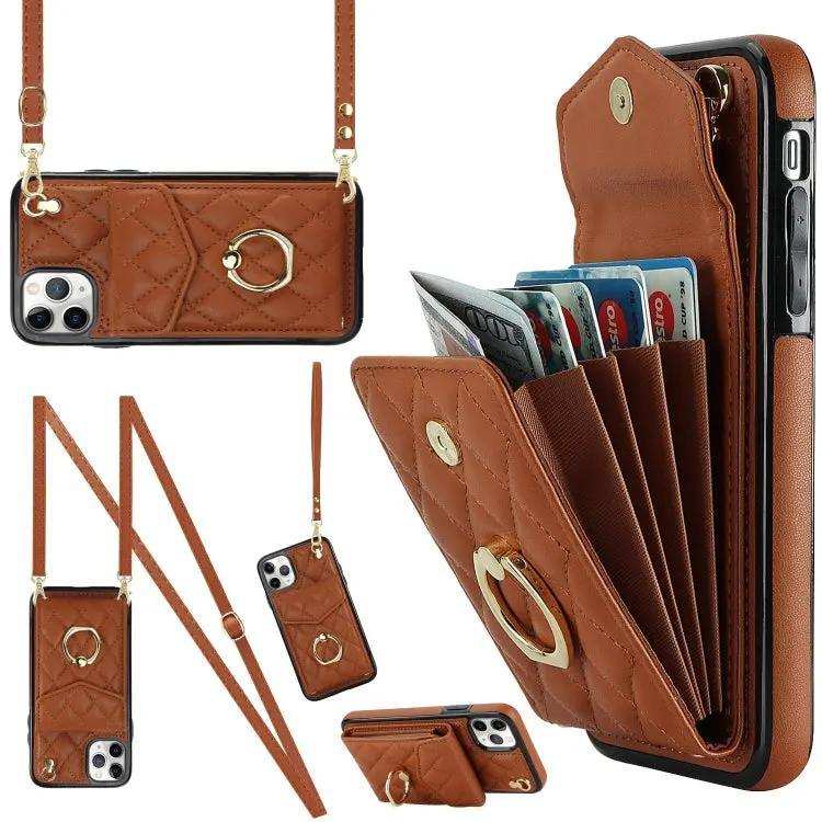 Rhombic Texture Card Bag Phone Case with Long Lanyard MyMobile
