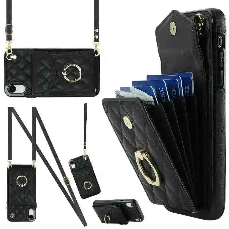 Rhombic Texture Card Bag Phone Case with Long Lanyard