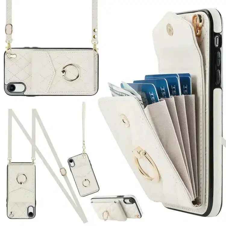 Rhombic Texture Card Bag Phone Case with Long Lanyard