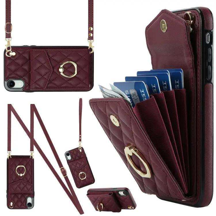 Rhombic Texture Card Bag Phone Case with Long Lanyard MyMobile