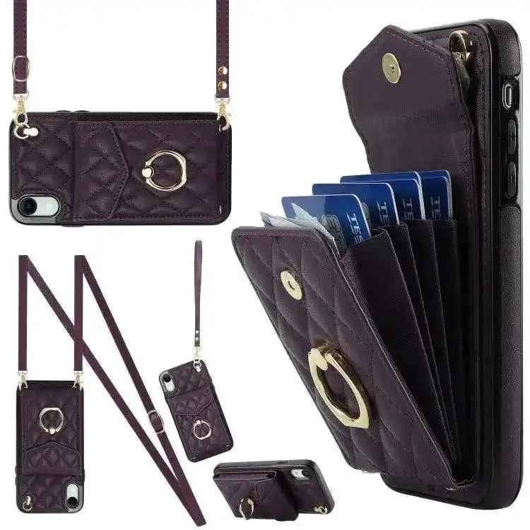 Rhombic Texture Card Bag Phone Case with Long Lanyard