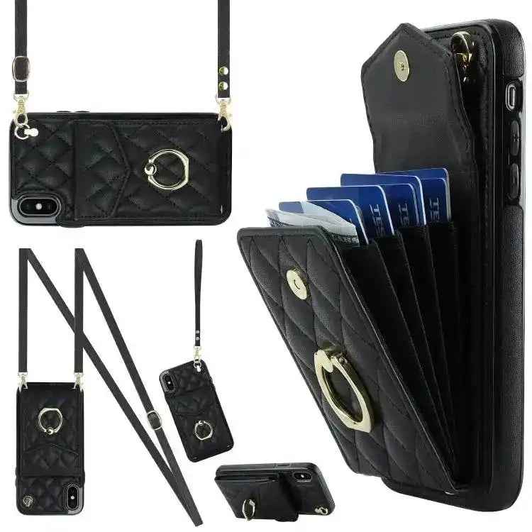 Rhombic Texture Card Bag Phone Case with Long Lanyard