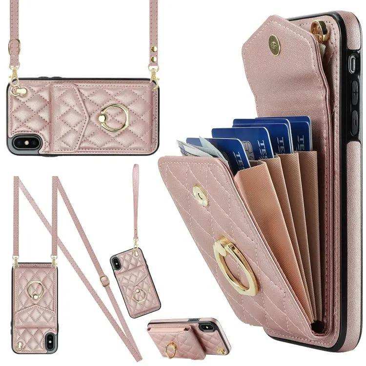 Rhombic Texture Card Bag Phone Case with Long Lanyard MyMobile