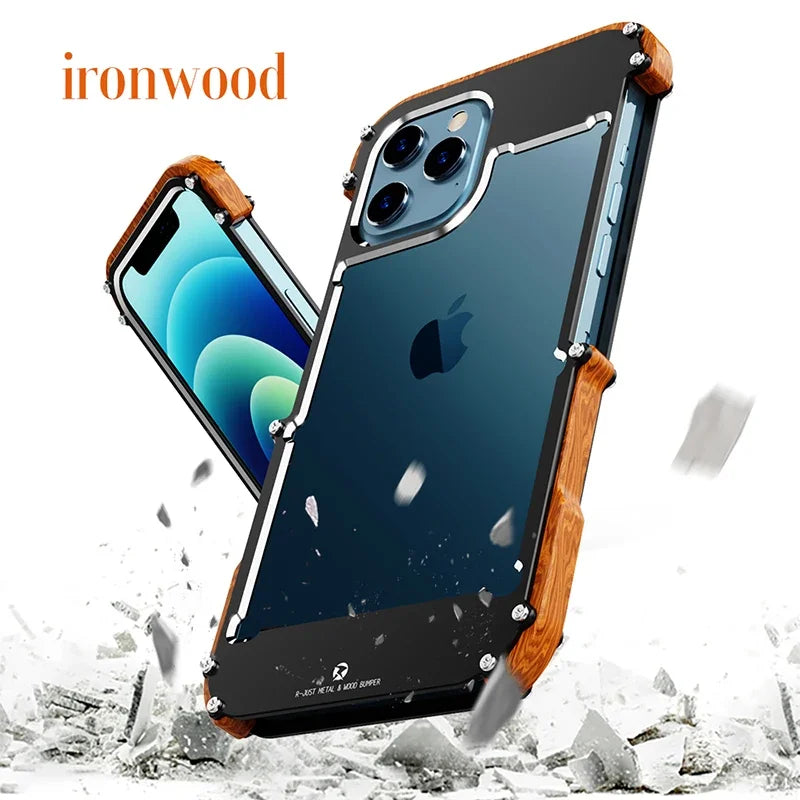 Wood Border Phone Case For IPhone 13 12 14 15 Pro Max 14 15 Plus Aluminum Metal Frame Phone Cover For IPhone  12 13 14 15 Pro max