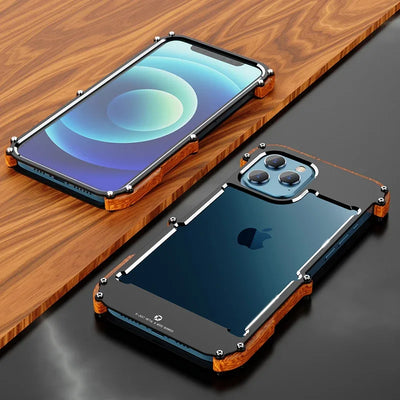 Wood Border Phone Case For IPhone 13 12 14 15 Pro Max 14 15 Plus Aluminum Metal Frame Phone Cover For IPhone  12 13 14 15 Pro max
