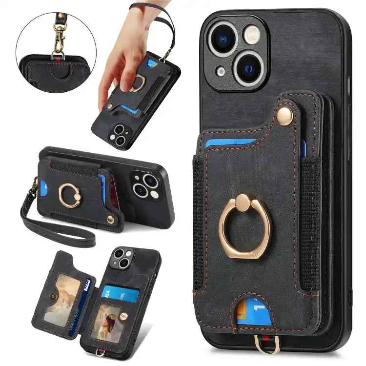 Retro Skin-feel Ring Multi-card Wallet Phone Case