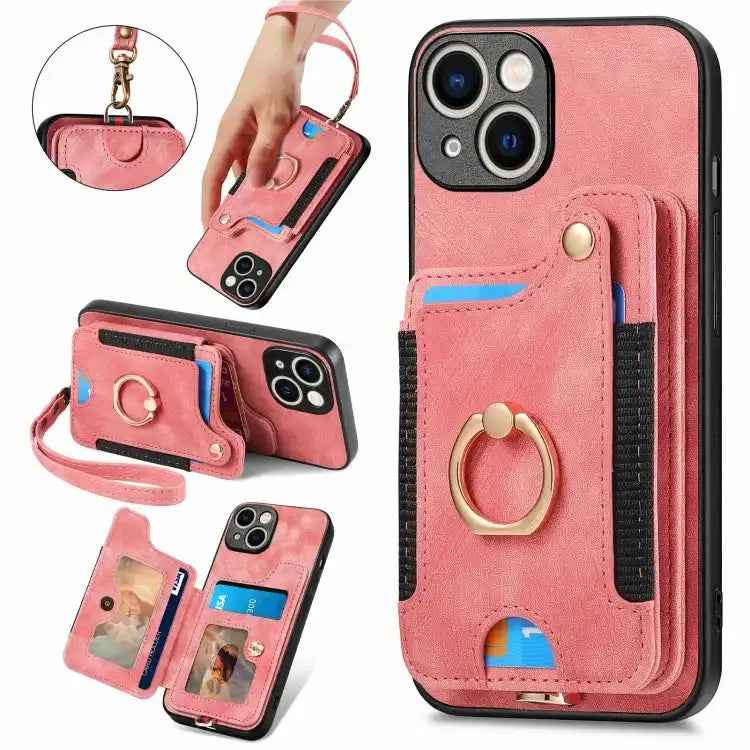 Retro Skin-feel Ring Multi-card Wallet Phone Case
