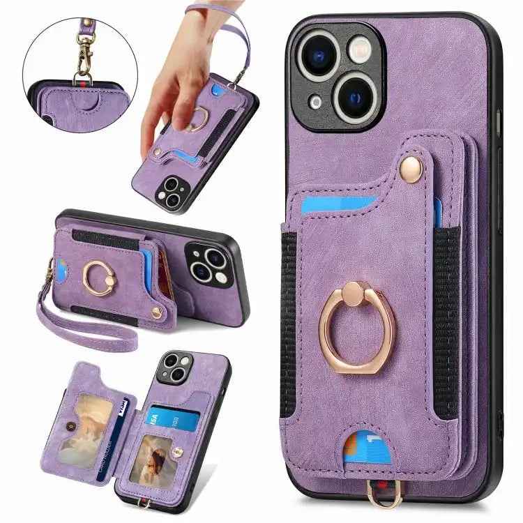 Retro Skin-feel Ring Multi-card Wallet Phone Case