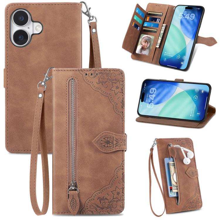 Embossed Flower Zipper Leather Phone Case