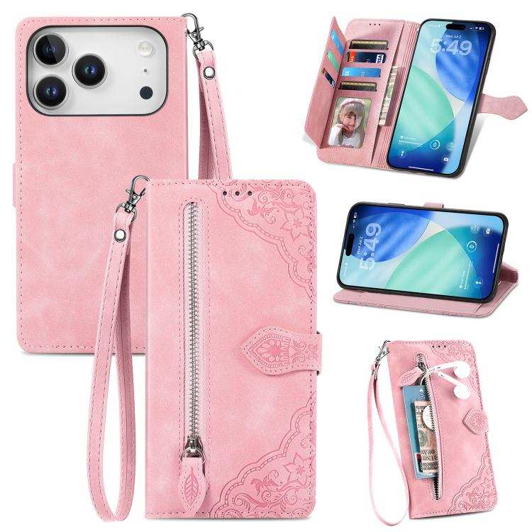 Embossed Flower Zipper Leather Phone Case