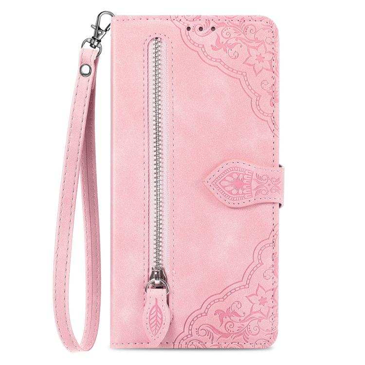 Embossed Flower Zipper Leather Phone Case